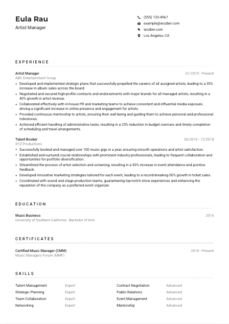 Artist Manager CV Example