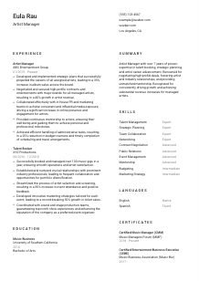 Artist Manager Resume Template #2