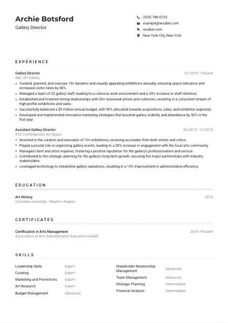 Gallery Director CV Example