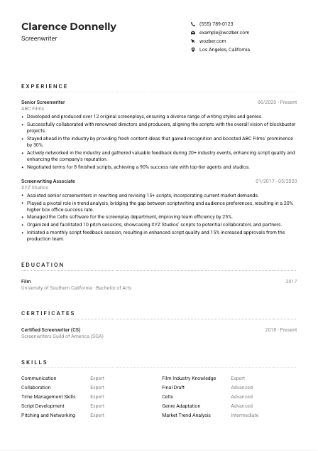 Screenwriter CV Example