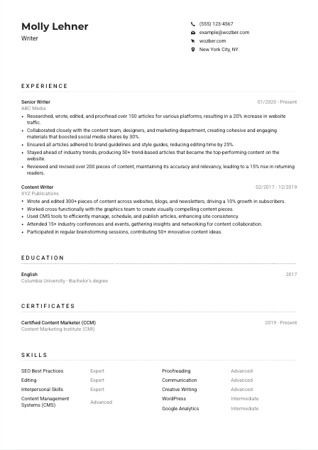 Writer CV Example