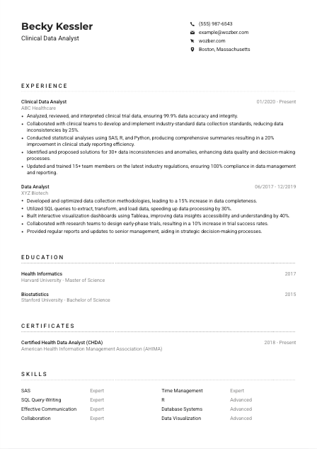 Clinical Data Analyst CV Example