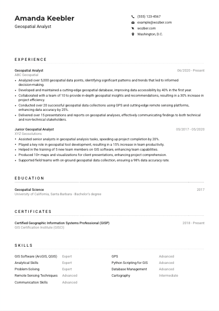 Geospatial Analyst Resume Example