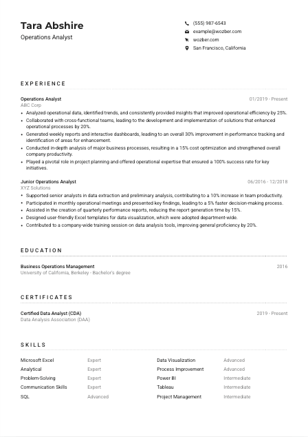 Operations Analyst CV Example