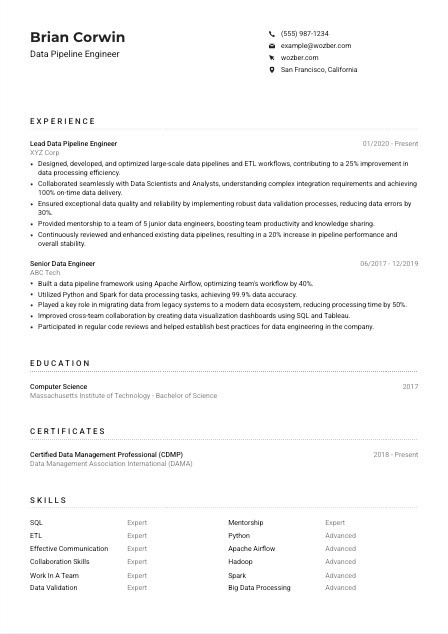 Data Pipeline Engineer CV Example