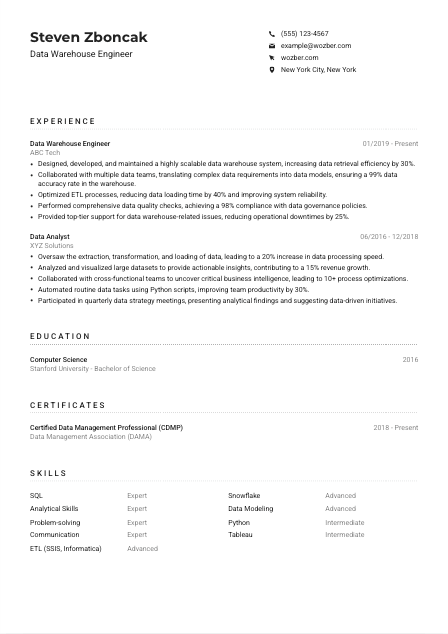 Data Warehouse Engineer Resume Example