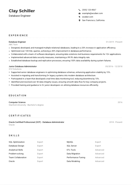 Database Engineer CV Example