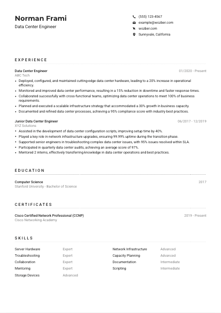 Data Center Engineer Resume Example