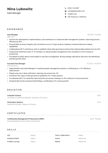 Data Manager CV Example