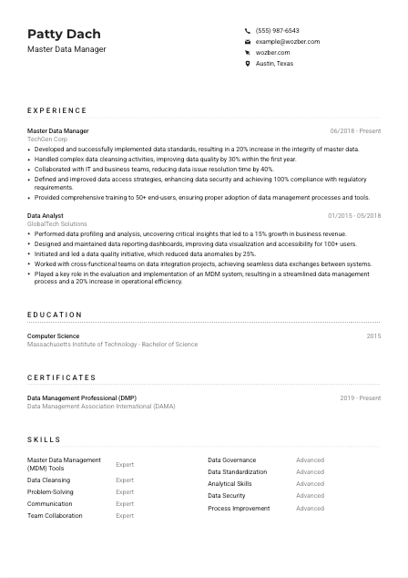 Master Data Manager CV Example