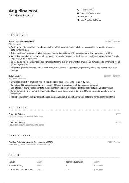 Data Mining Engineer CV Example
