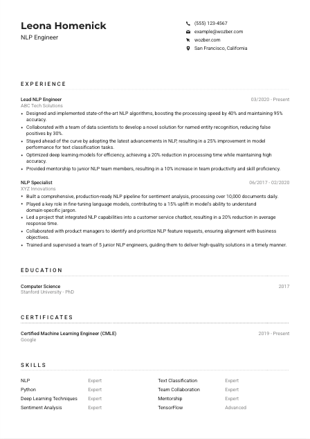 NLP Engineer CV Example