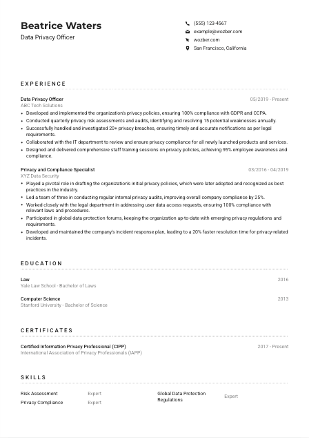 Data Privacy Officer CV Example