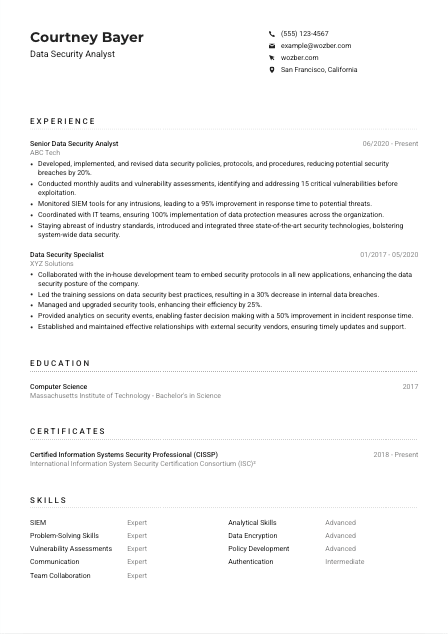 Data Security Analyst CV Example