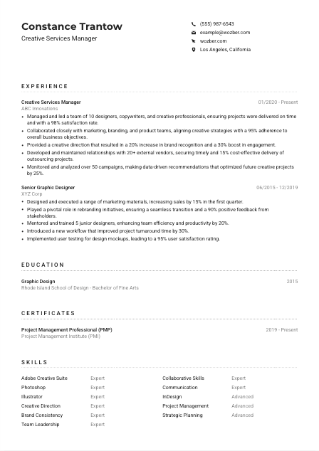 Creative Services Manager Resume Example