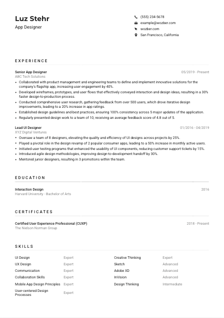 App Designer Resume Example