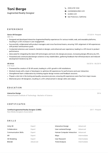 Augmented Reality Designer CV Example