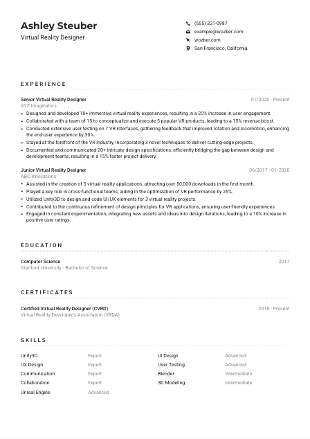 Virtual Reality Designer Resume Example