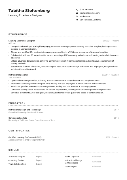 Learning Experience Designer Resume Example