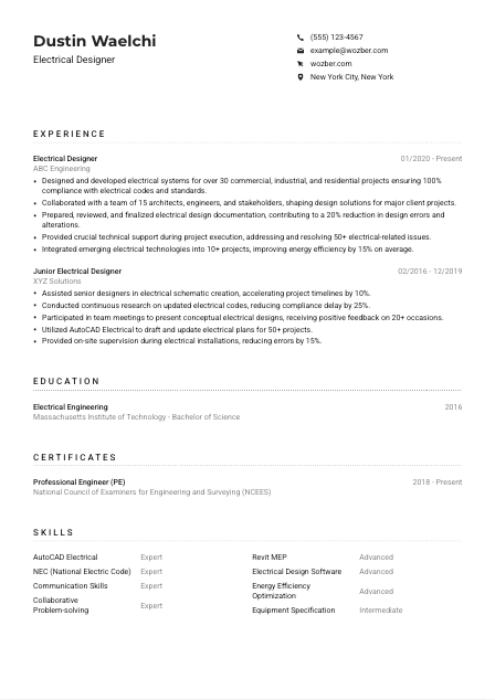 Electrical Designer Resume Example