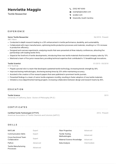 Textile Researcher Resume Example