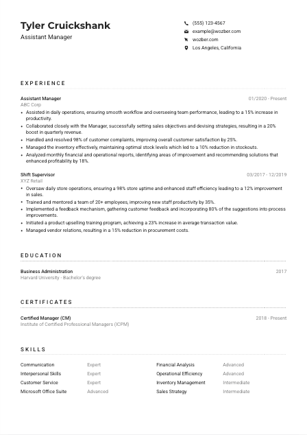 Assistant Manager CV Example
