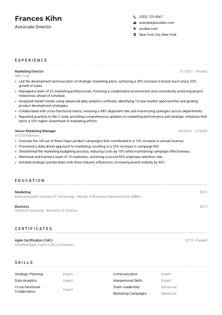 Associate Director CV Example