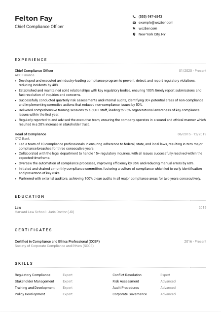 Chief Compliance Officer Resume Example