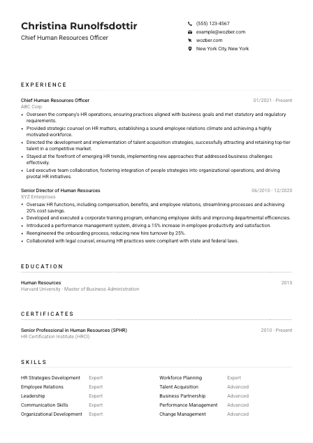 Chief Human Resources Officer CV Example