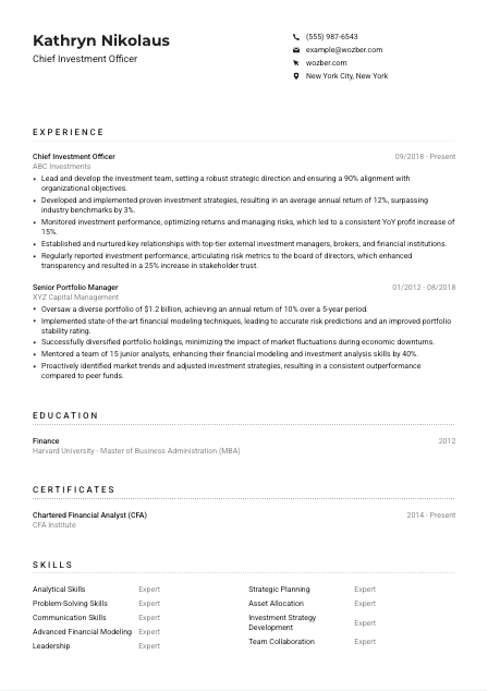 Chief Investment Officer Resume Example