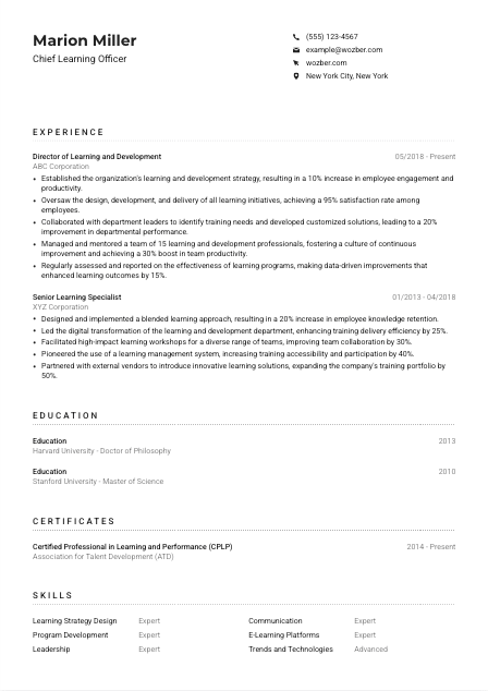 Chief Learning Officer Resume Example