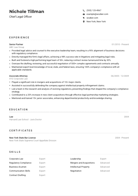 Chief Legal Officer Resume Example