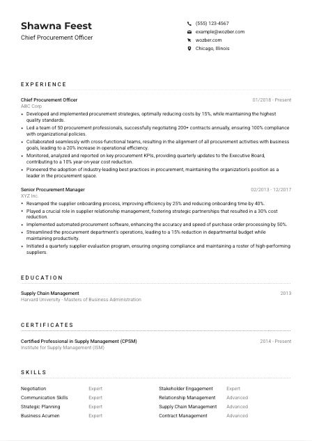 Chief Procurement Officer Resume Example