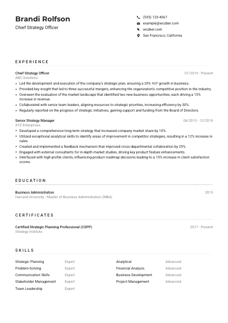 Chief Strategy Officer CV Example