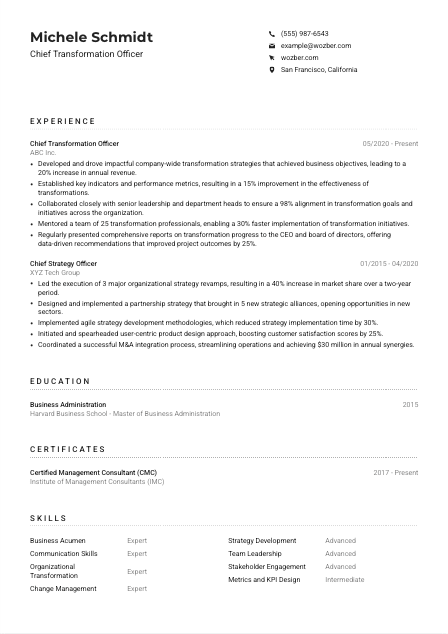 Chief Transformation Officer Resume Example
