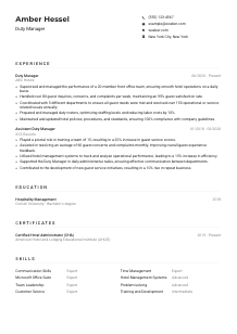 Duty Manager Resume Example