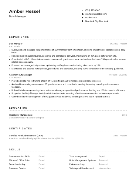 Duty Manager Resume Example