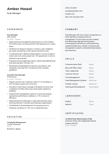 Duty Manager Resume Template #2