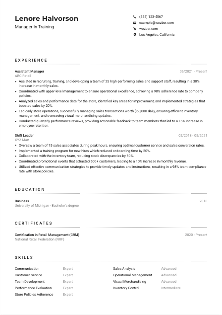 Manager In Training CV Example