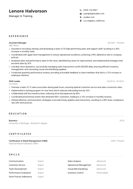 Manager In Training Resume Example