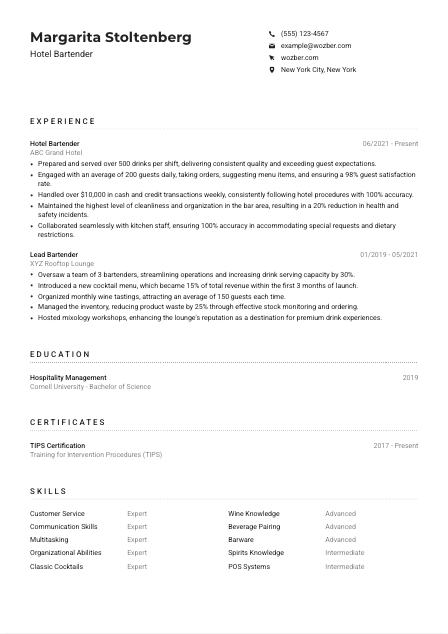 Hotel Bartender Resume Example