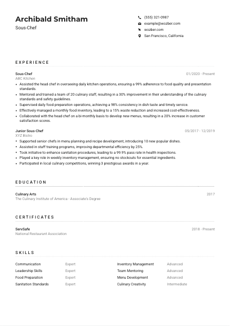 Sous-Chef CV Example
