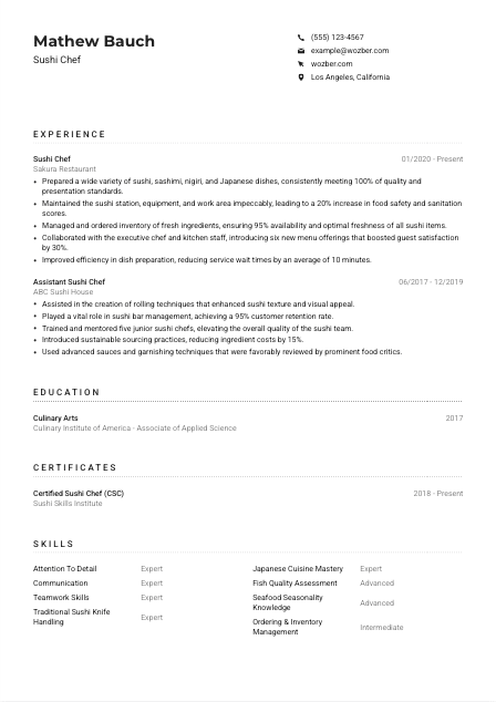 Sushi Chef CV Example