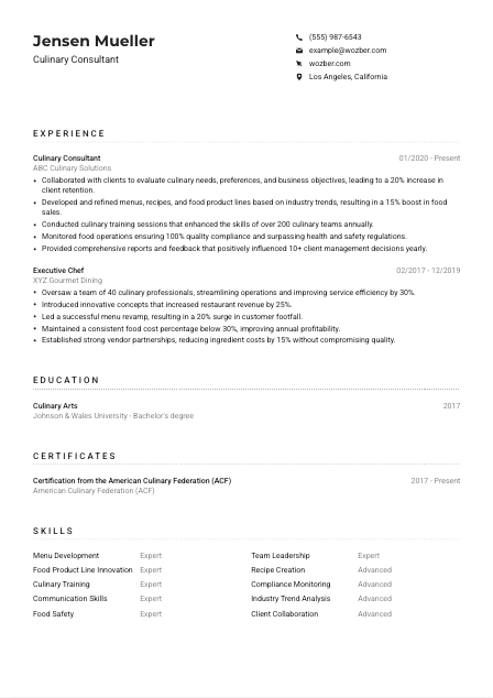 Culinary Consultant Resume Example