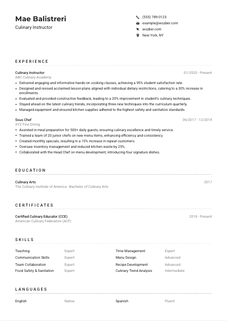 Culinary Instructor CV Example