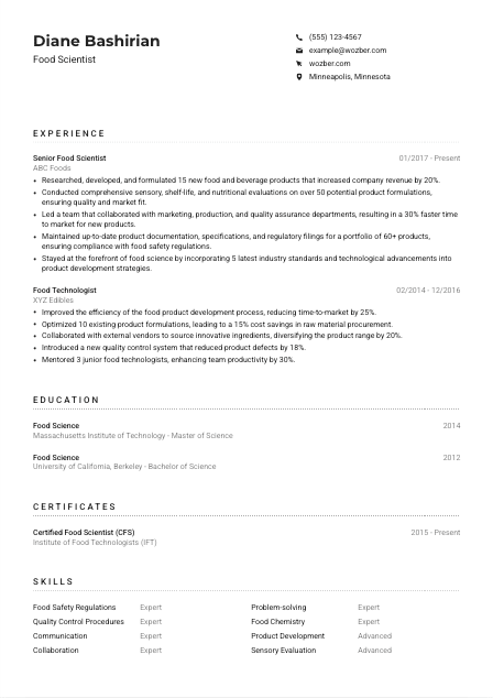 Food Scientist CV Example