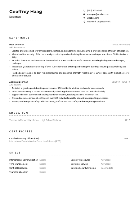 Doorman CV Example