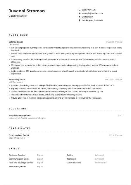 Catering Server CV Example