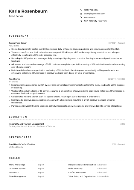 Food Server CV Example