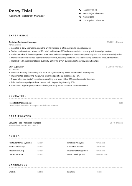 Assistant Restaurant Manager Resume Example